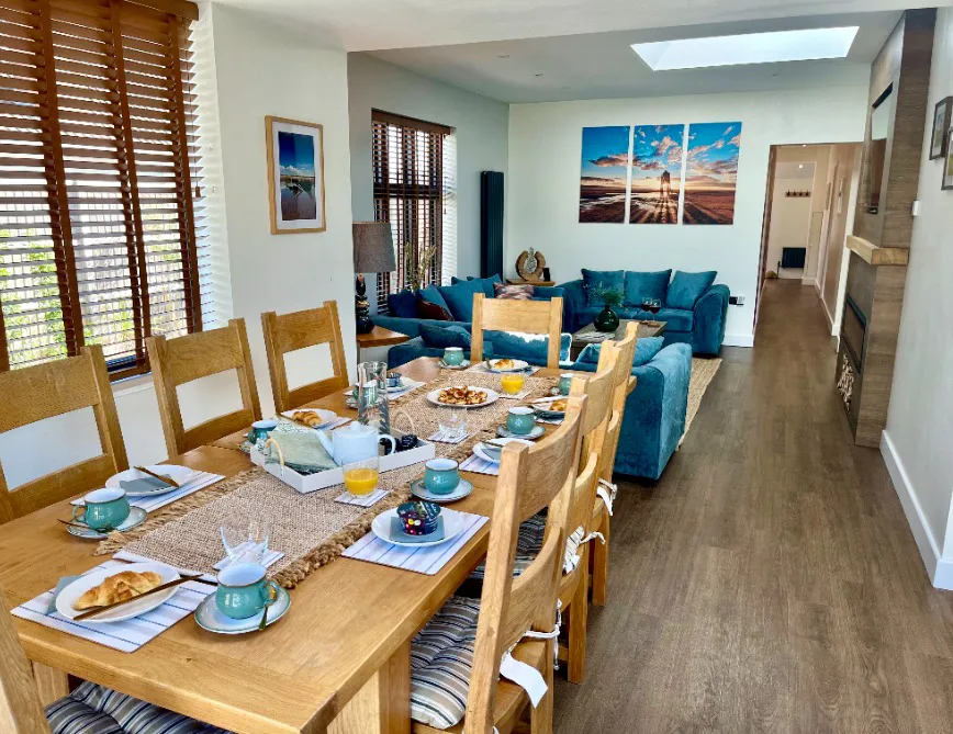 Open plan lounge and dining area at High Beach holiday cottage near Brean Beach Somerset